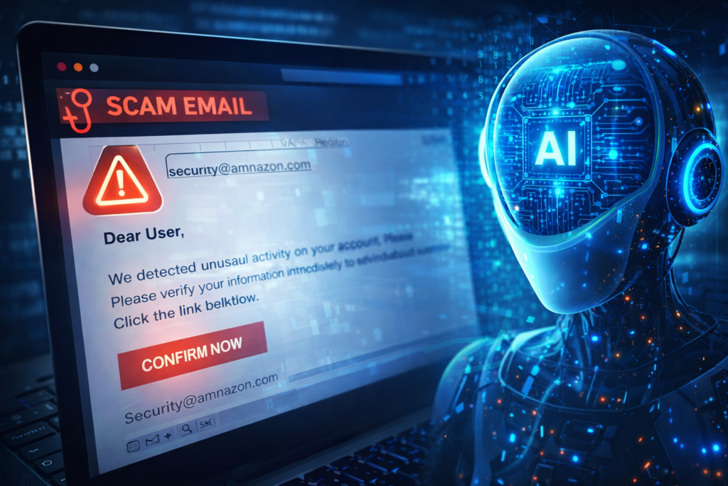 AI phishing scam email warning illustration